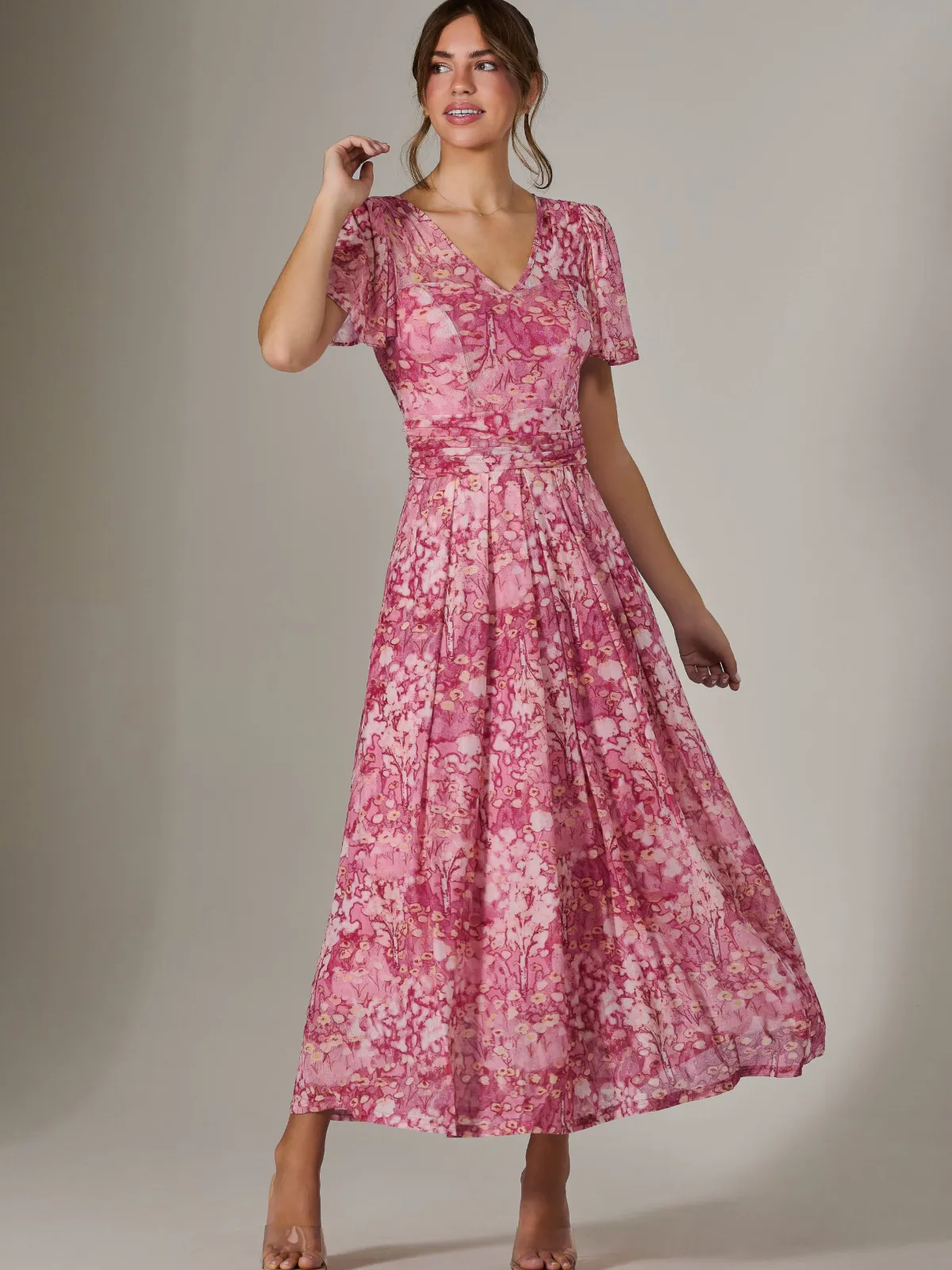 Jolie Moi Occasion Dresses|Floral Dresses-Bianca V-Neck Pleated Mesh Maxi Dress, Red Abstract