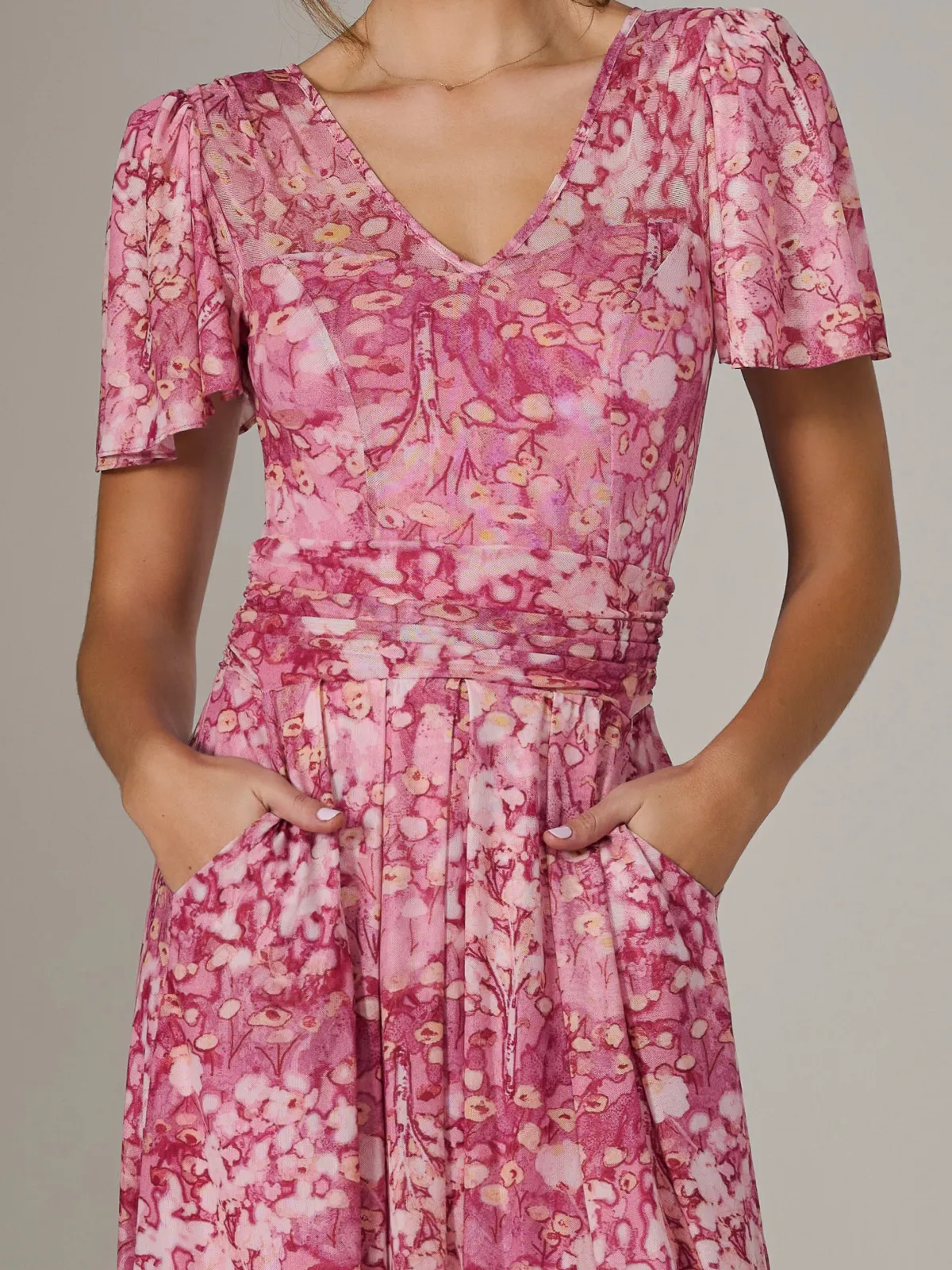 Jolie Moi Occasion Dresses|Floral Dresses-Bianca V-Neck Pleated Mesh Maxi Dress, Red Abstract