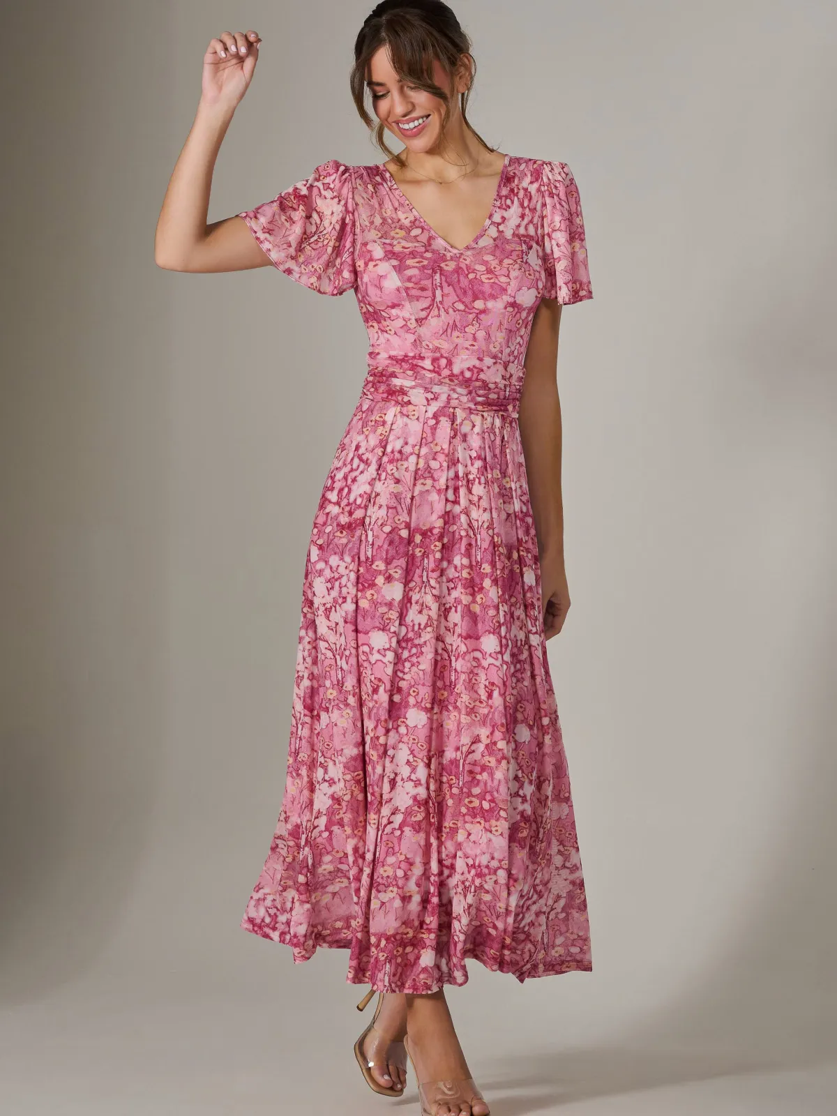 Jolie Moi Occasion Dresses|Floral Dresses-Bianca V-Neck Pleated Mesh Maxi Dress, Red Abstract