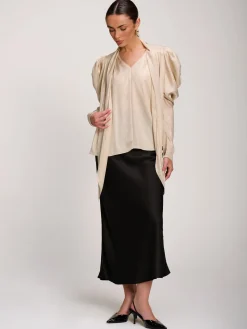 Jolie Moi Wedding Guest|Wedding Guest-Bow Neck Puff Sleeve Satin Blouse, Champagne