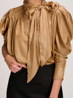 Jolie Moi Weekend Casuals|Shirts & Blouses-Bow Neck Puff Sleeve Satin Blouse, Golden Mocha