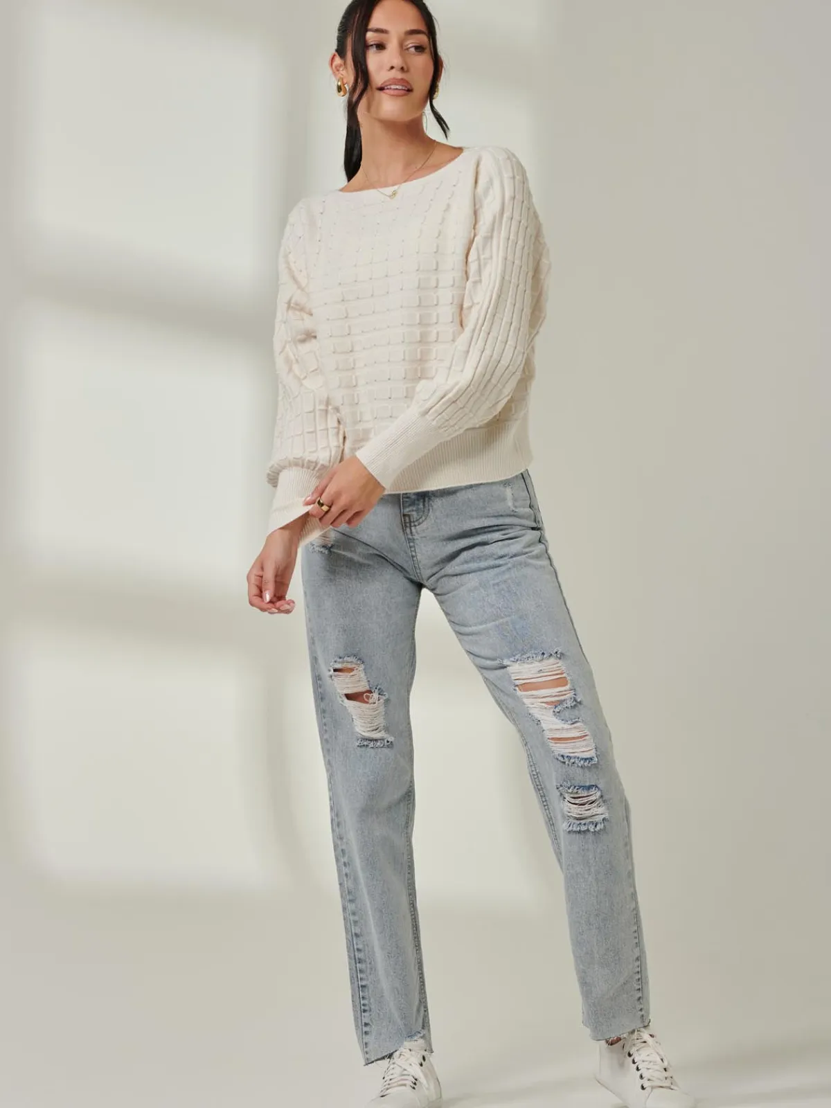 Jolie Moi Weekend Casuals|Knitted Jumpers-Bubble Stitch Batwing Knit Jumper, Oatmeal
