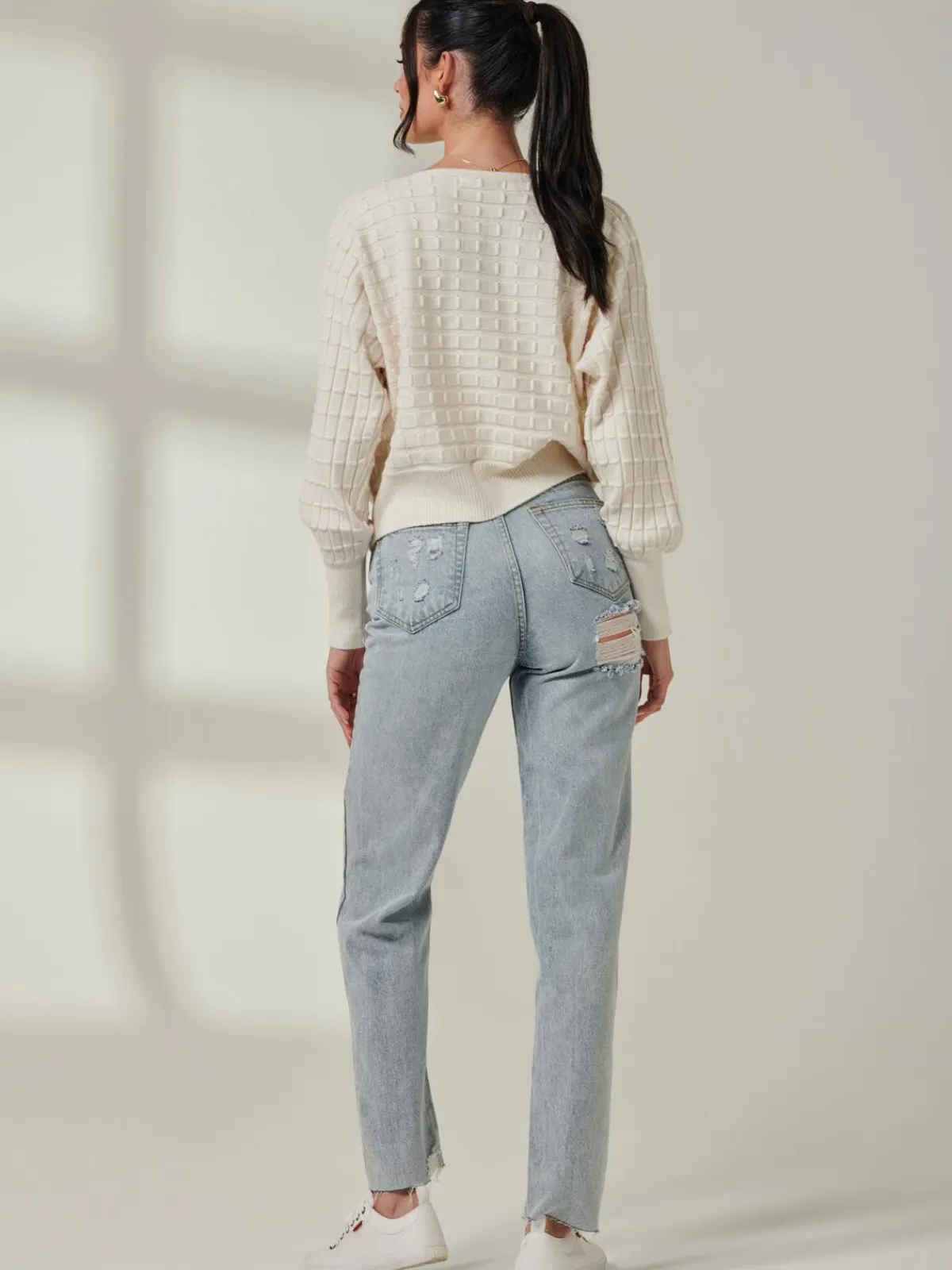Jolie Moi Weekend Casuals|Knitted Jumpers-Bubble Stitch Batwing Knit Jumper, Oatmeal