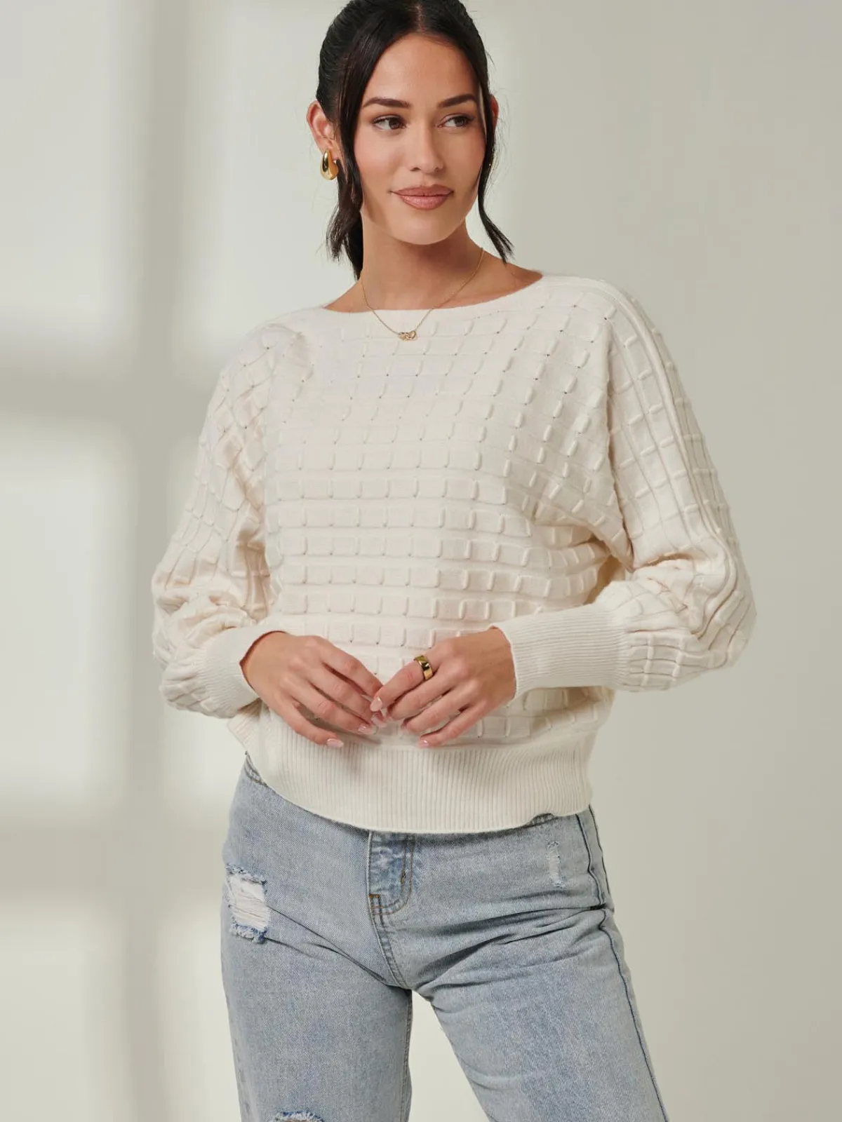 Jolie Moi Weekend Casuals|Knitted Jumpers-Bubble Stitch Batwing Knit Jumper, Oatmeal