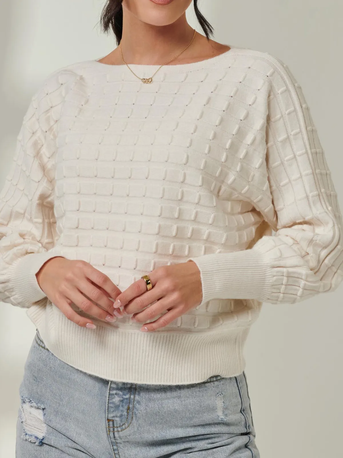 Jolie Moi Weekend Casuals|Knitted Jumpers-Bubble Stitch Batwing Knit Jumper, Oatmeal