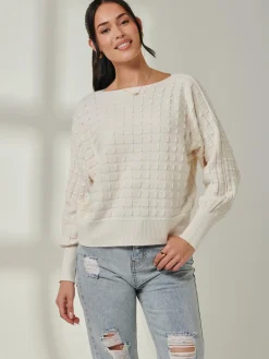 Jolie Moi Weekend Casuals|Knitted Jumpers-Bubble Stitch Batwing Knit Jumper, Oatmeal