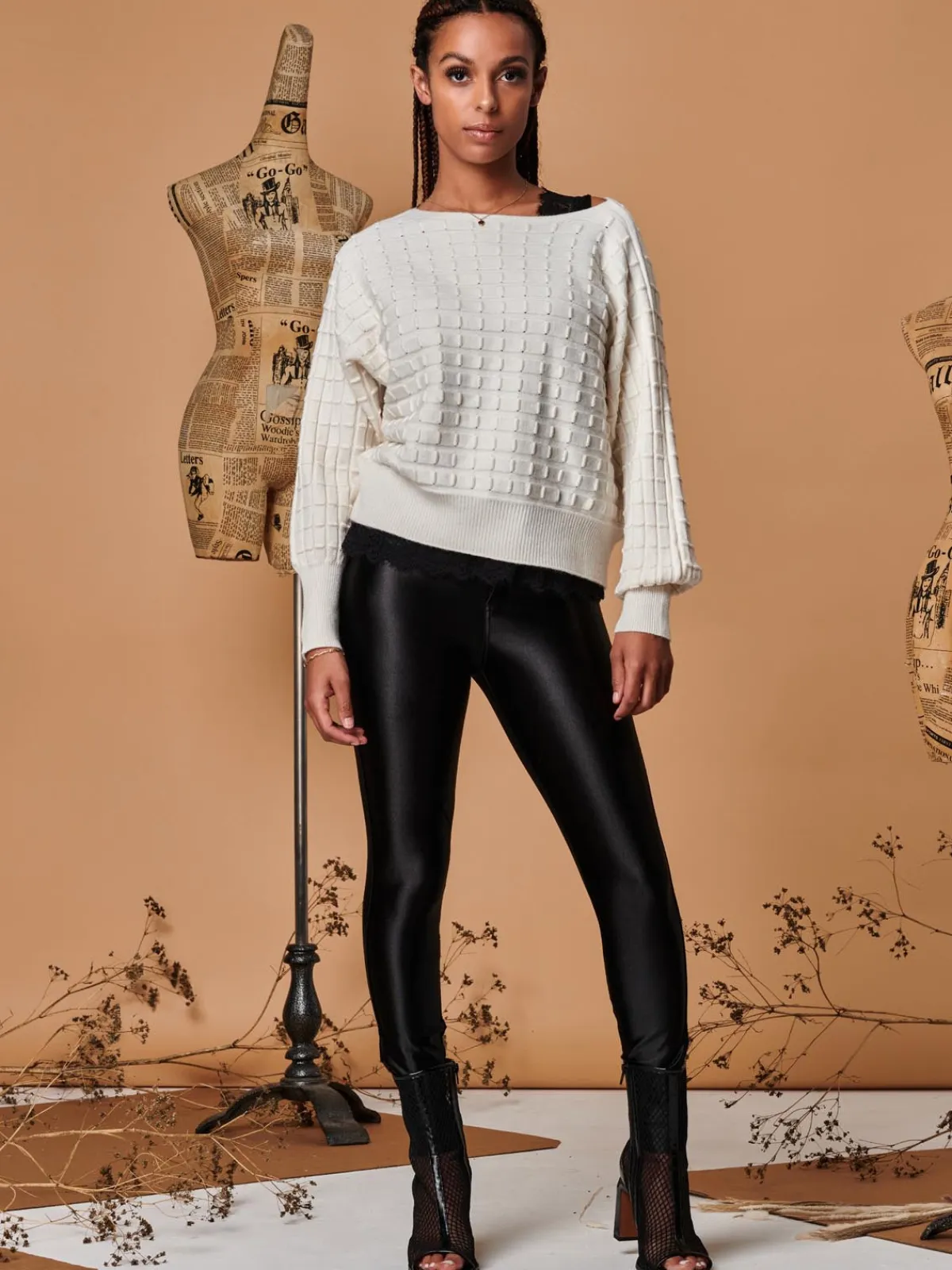 Jolie Moi Weekend Casuals|Knitted Jumpers-Bubble Stitch Batwing Knit Jumper, Oatmeal