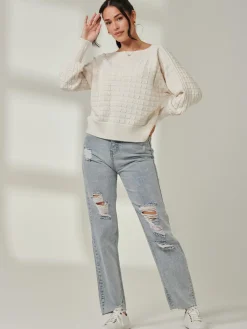 Jolie Moi Weekend Casuals|Knitted Jumpers-Bubble Stitch Batwing Knit Jumper, Oatmeal