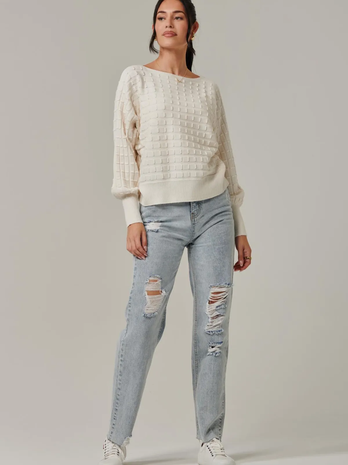Jolie Moi Weekend Casuals|Knitted Jumpers-Bubble Stitch Batwing Knit Jumper, Oatmeal