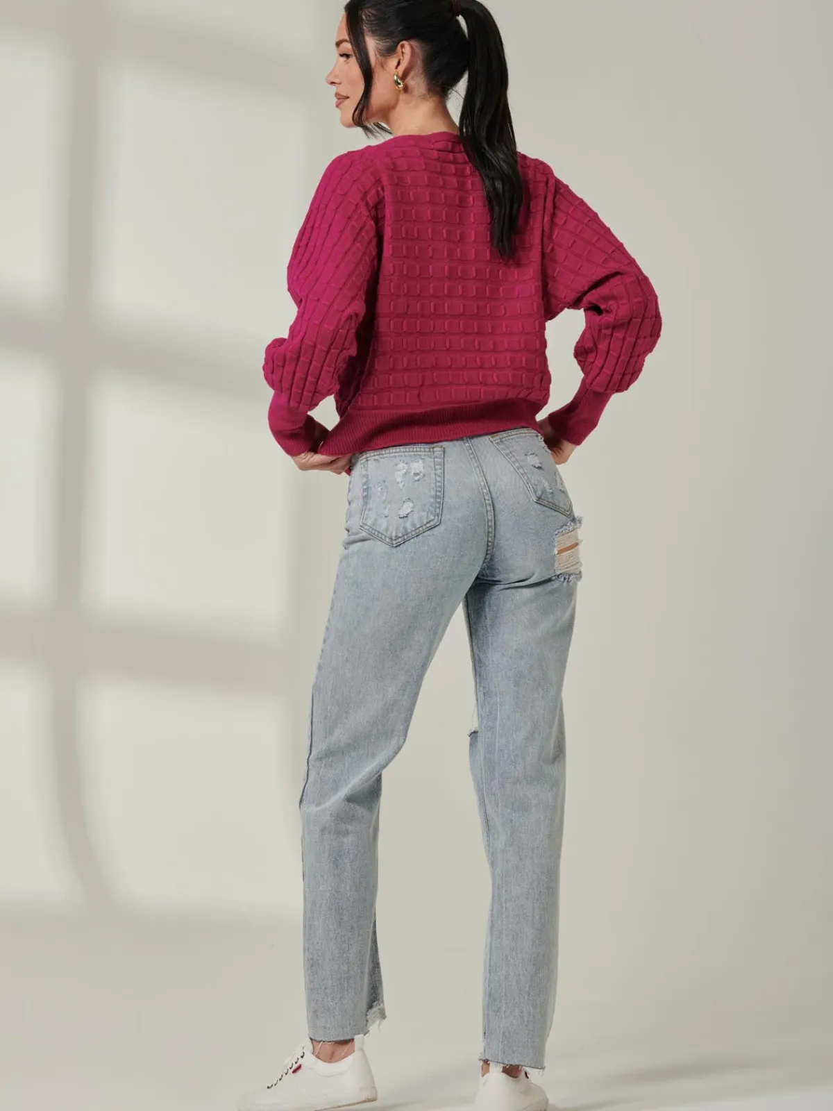Jolie Moi Weekend Casuals|Knitted Jumpers-Bubble Stitch Batwing Knit Jumper, Raspberry