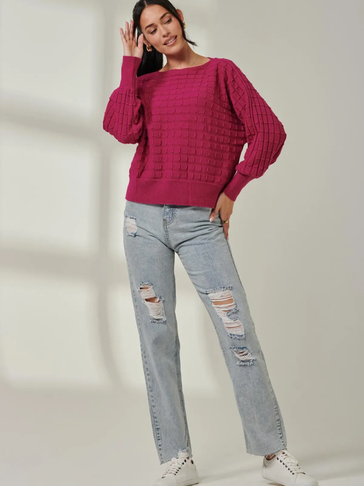 Jolie Moi Weekend Casuals|Knitted Jumpers-Bubble Stitch Batwing Knit Jumper, Raspberry