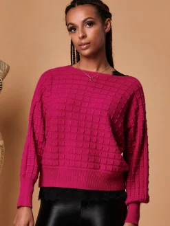Jolie Moi Weekend Casuals|Knitted Jumpers-Bubble Stitch Batwing Knit Jumper, Raspberry