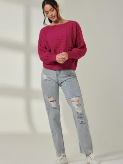 Jolie Moi Weekend Casuals|Knitted Jumpers-Bubble Stitch Batwing Knit Jumper, Raspberry