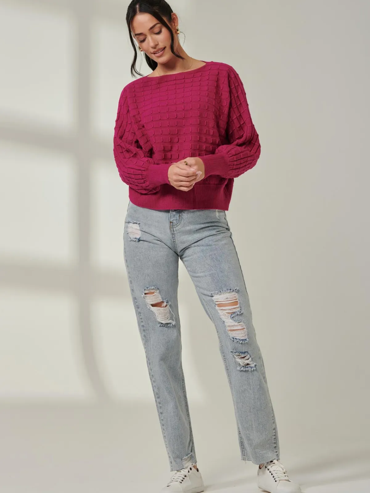Jolie Moi Weekend Casuals|Knitted Jumpers-Bubble Stitch Batwing Knit Jumper, Raspberry