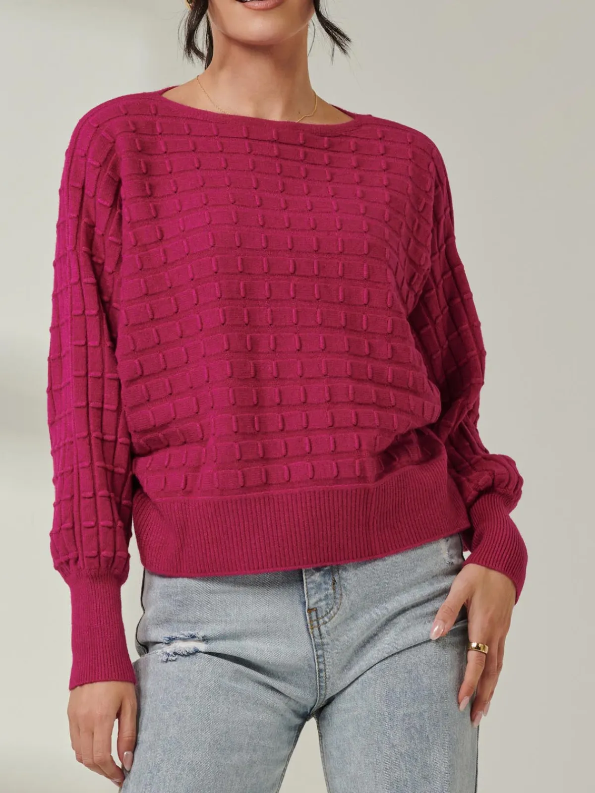 Jolie Moi Weekend Casuals|Knitted Jumpers-Bubble Stitch Batwing Knit Jumper, Raspberry
