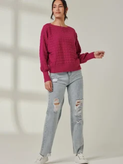 Jolie Moi Weekend Casuals|Knitted Jumpers-Bubble Stitch Batwing Knit Jumper, Raspberry