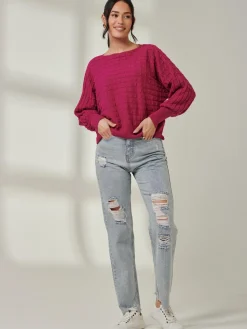 Jolie Moi Weekend Casuals|Knitted Jumpers-Bubble Stitch Batwing Knit Jumper, Raspberry