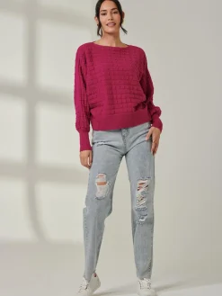 Jolie Moi Weekend Casuals|Knitted Jumpers-Bubble Stitch Batwing Knit Jumper, Raspberry