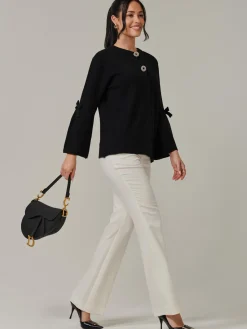 Jolie Moi Knitted Cardigan-Button Bow Sleeve Knit Cardigan, Black