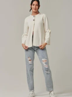 Jolie Moi Knitted Cardigan|Weekend Casuals-Button Bow Sleeve Knit Cardigan, Oatmeal