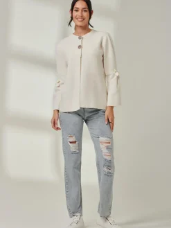 Jolie Moi Knitted Cardigan|Weekend Casuals-Button Bow Sleeve Knit Cardigan, Oatmeal