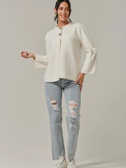 Jolie Moi Knitted Cardigan|Weekend Casuals-Button Bow Sleeve Knit Cardigan, Oatmeal