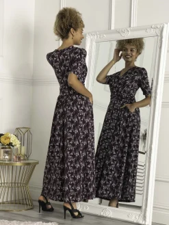 Jolie Moi Occasion Dresses|Wrap Dresses-Calais Half Sleeve Maxi Dress, Navy Floral