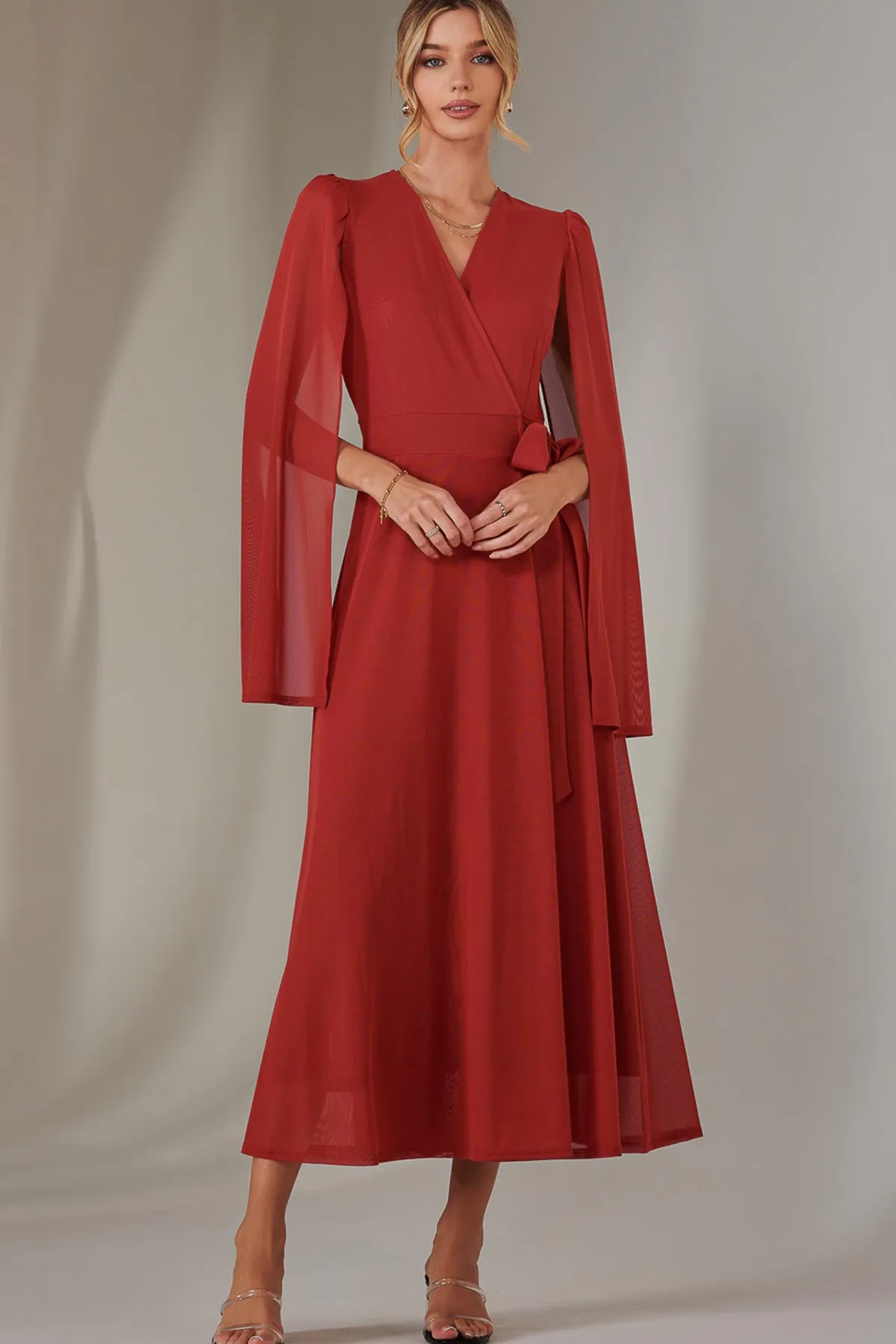 Jolie Moi Wrap Dresses|Maxi Dresses-Cape Sleeve Wrap Maxi Dress, Brick Red