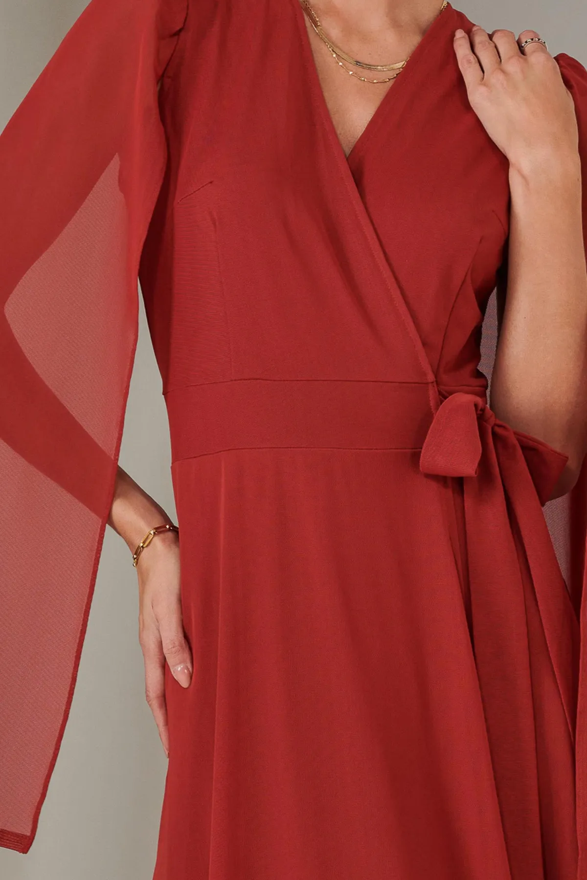 Jolie Moi Wrap Dresses|Maxi Dresses-Cape Sleeve Wrap Maxi Dress, Brick Red