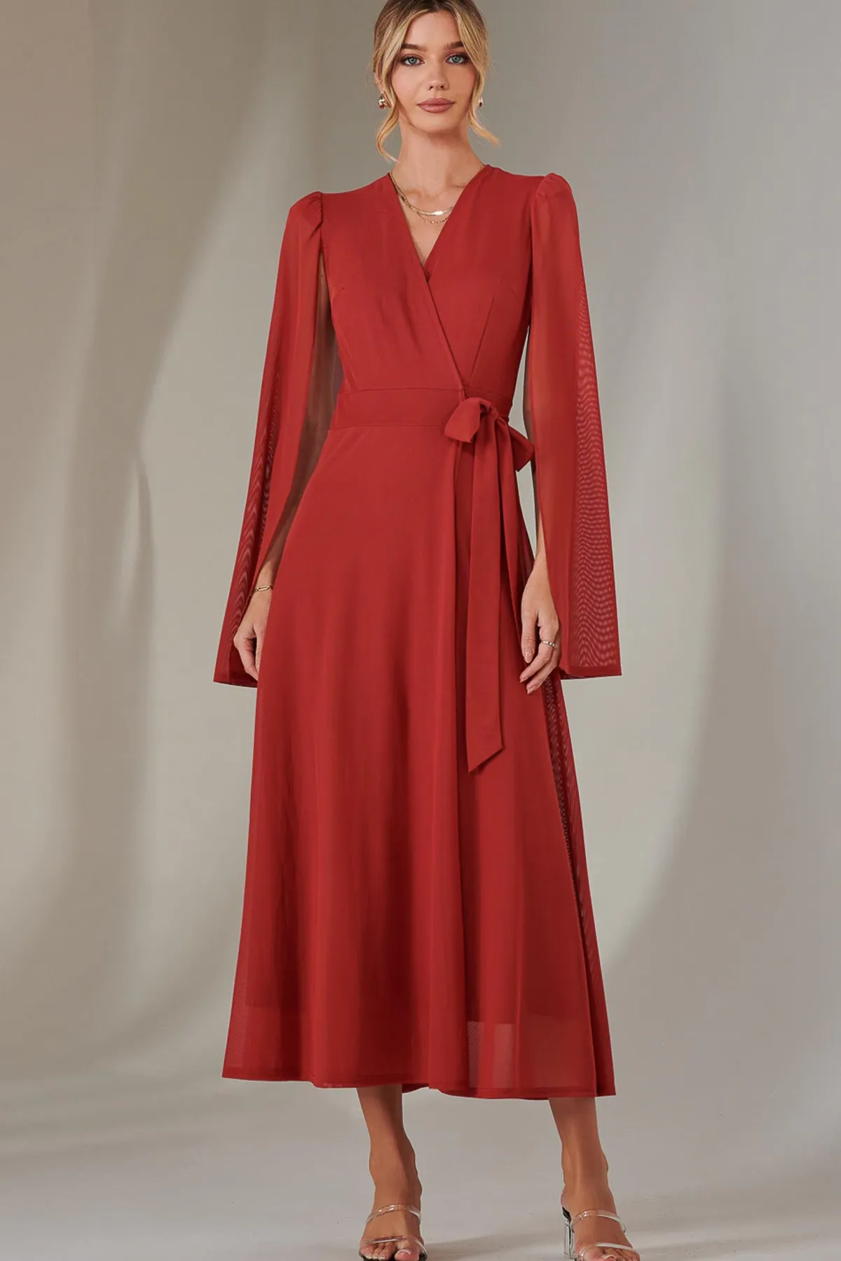 Jolie Moi Wrap Dresses|Maxi Dresses-Cape Sleeve Wrap Maxi Dress, Brick Red