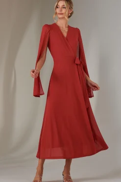 Jolie Moi Wrap Dresses|Maxi Dresses-Cape Sleeve Wrap Maxi Dress, Brick Red