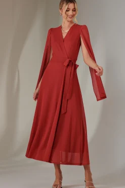 Jolie Moi Wrap Dresses|Maxi Dresses-Cape Sleeve Wrap Maxi Dress, Brick Red