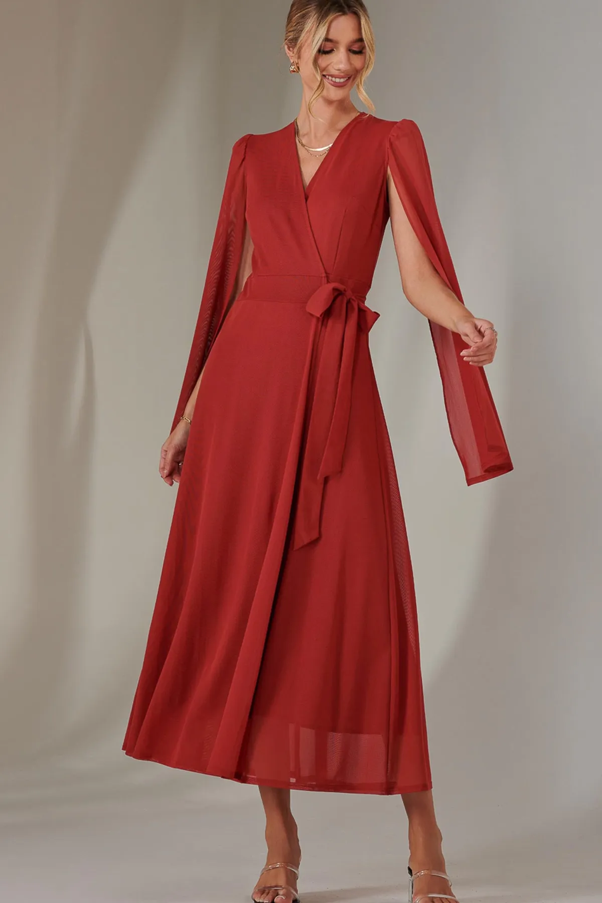 Jolie Moi Wrap Dresses|Maxi Dresses-Cape Sleeve Wrap Maxi Dress, Brick Red