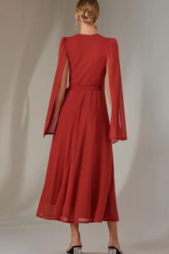 Jolie Moi Wrap Dresses|Maxi Dresses-Cape Sleeve Wrap Maxi Dress, Brick Red