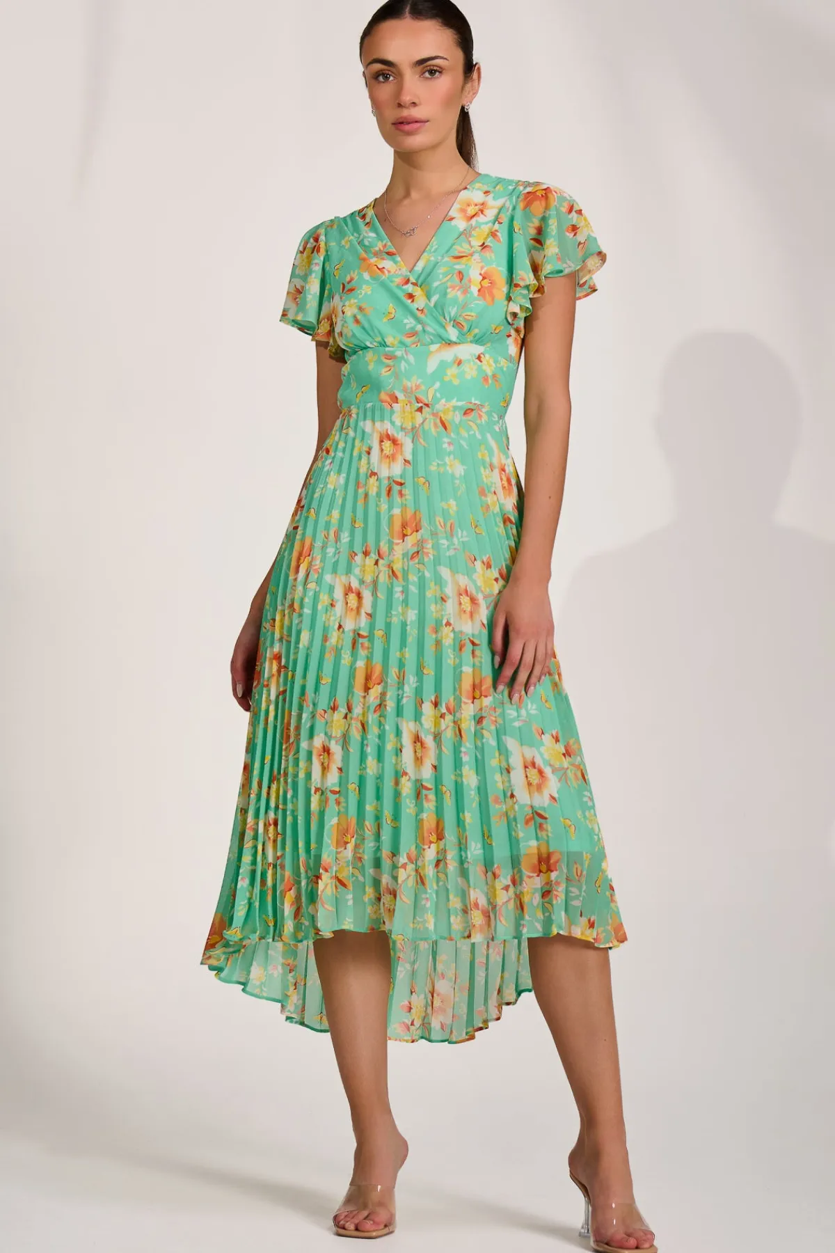 Jolie Moi Weekend Casuals|Maxi Dresses-Cap Sleeve Pleated Chiffon Maxi Dress, Green Floral