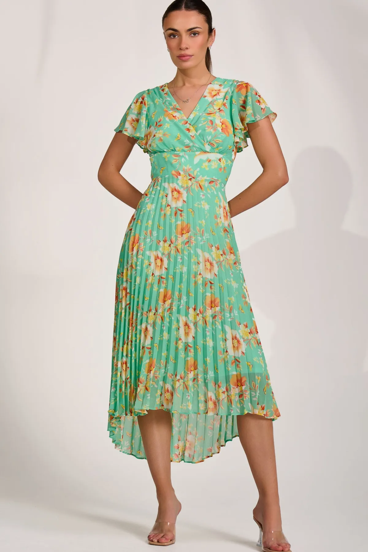 Jolie Moi Weekend Casuals|Maxi Dresses-Cap Sleeve Pleated Chiffon Maxi Dress, Green Floral