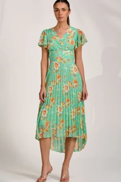 Jolie Moi Weekend Casuals|Maxi Dresses-Cap Sleeve Pleated Chiffon Maxi Dress, Green Floral