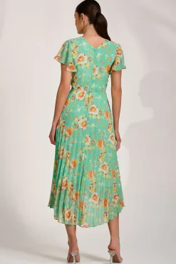 Jolie Moi Weekend Casuals|Maxi Dresses-Cap Sleeve Pleated Chiffon Maxi Dress, Green Floral