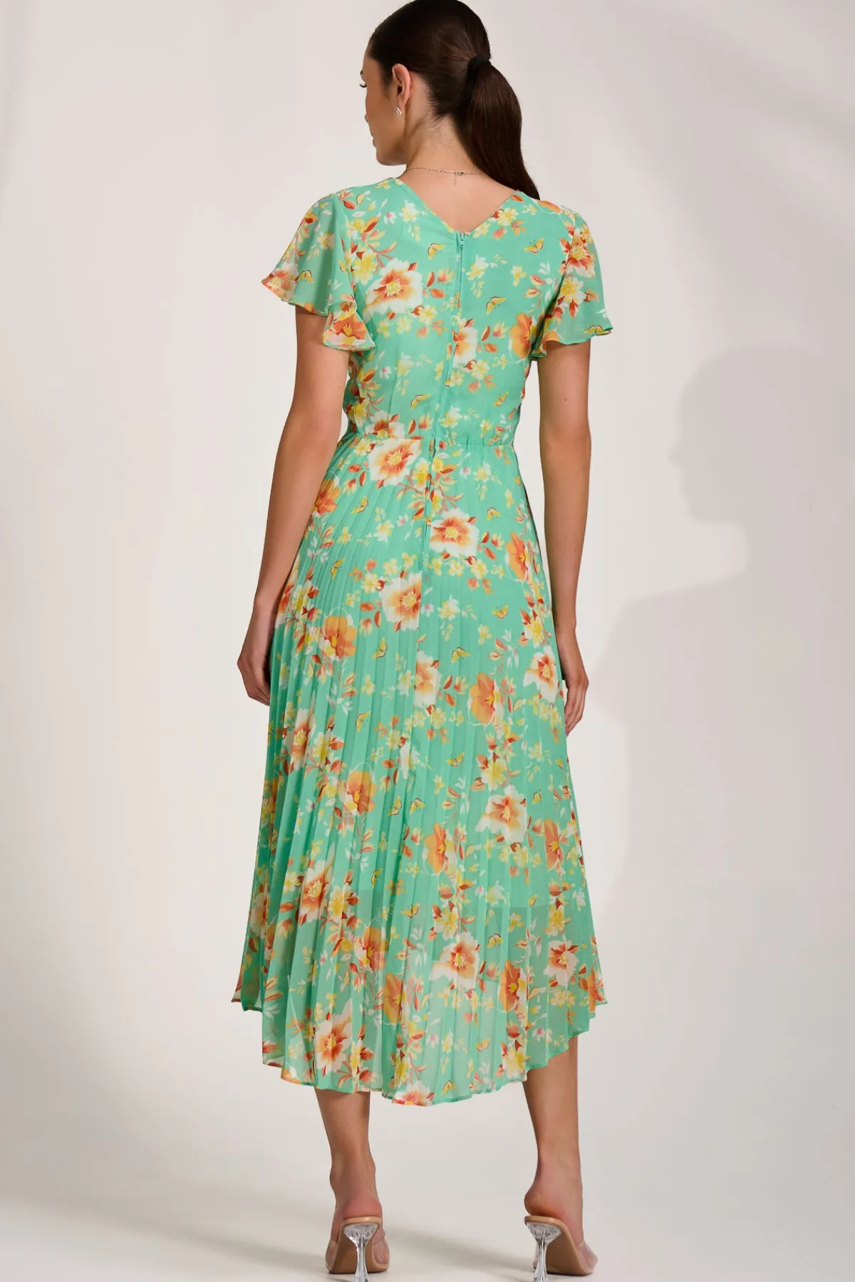 Jolie Moi Weekend Casuals|Maxi Dresses-Cap Sleeve Pleated Chiffon Maxi Dress, Green Floral