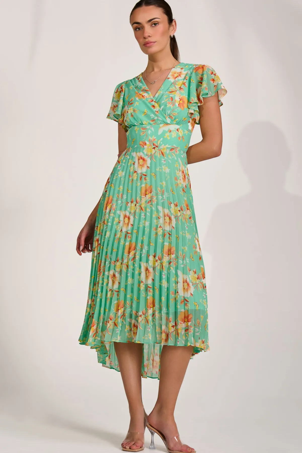 Jolie Moi Weekend Casuals|Maxi Dresses-Cap Sleeve Pleated Chiffon Maxi Dress, Green Floral
