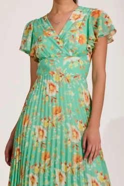 Jolie Moi Weekend Casuals|Maxi Dresses-Cap Sleeve Pleated Chiffon Maxi Dress, Green Floral