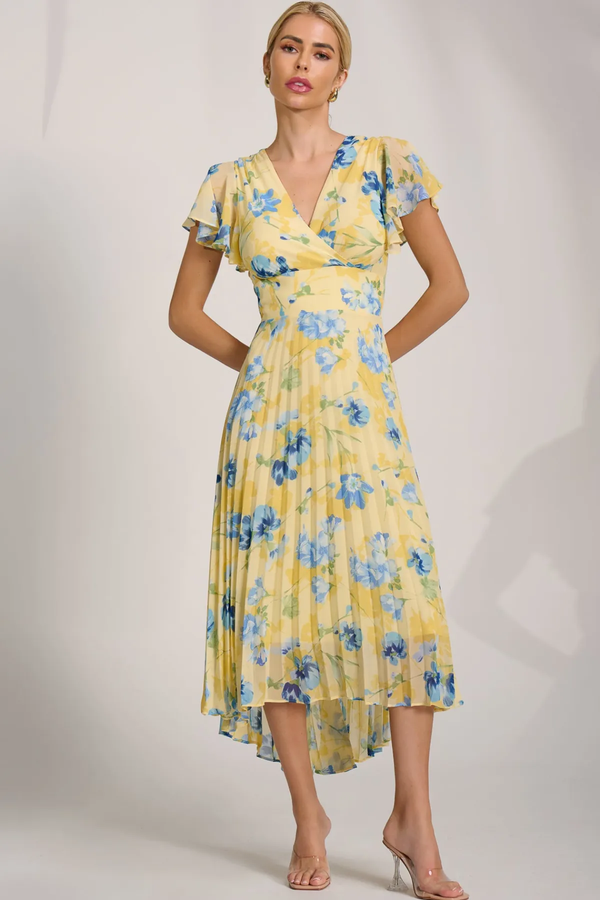 Jolie Moi Weekend Casuals|Maxi Dresses-Cap Sleeve Pleated Chiffon Maxi Dress, Yellow Floral