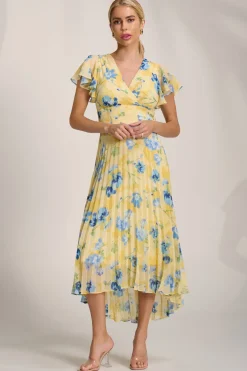 Jolie Moi Weekend Casuals|Maxi Dresses-Cap Sleeve Pleated Chiffon Maxi Dress, Yellow Floral