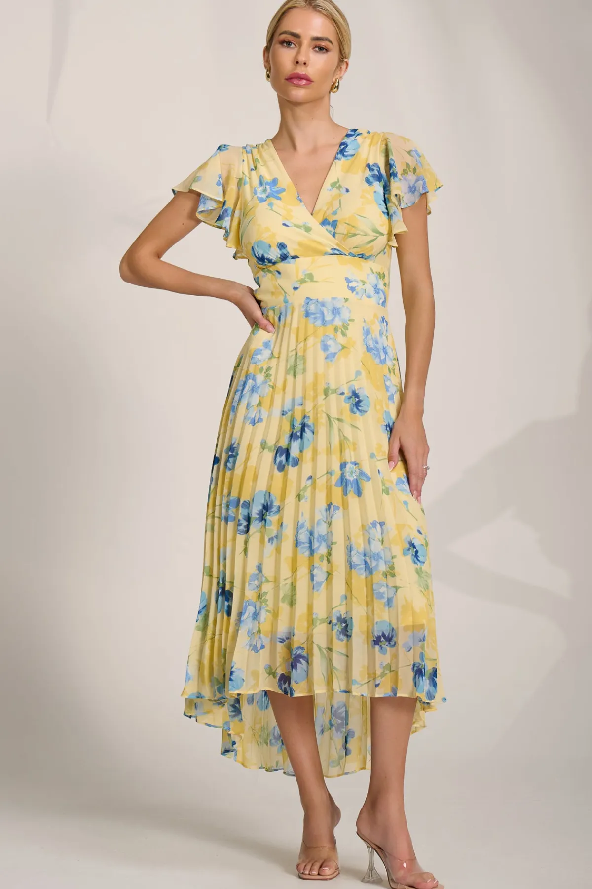 Jolie Moi Weekend Casuals|Maxi Dresses-Cap Sleeve Pleated Chiffon Maxi Dress, Yellow Floral