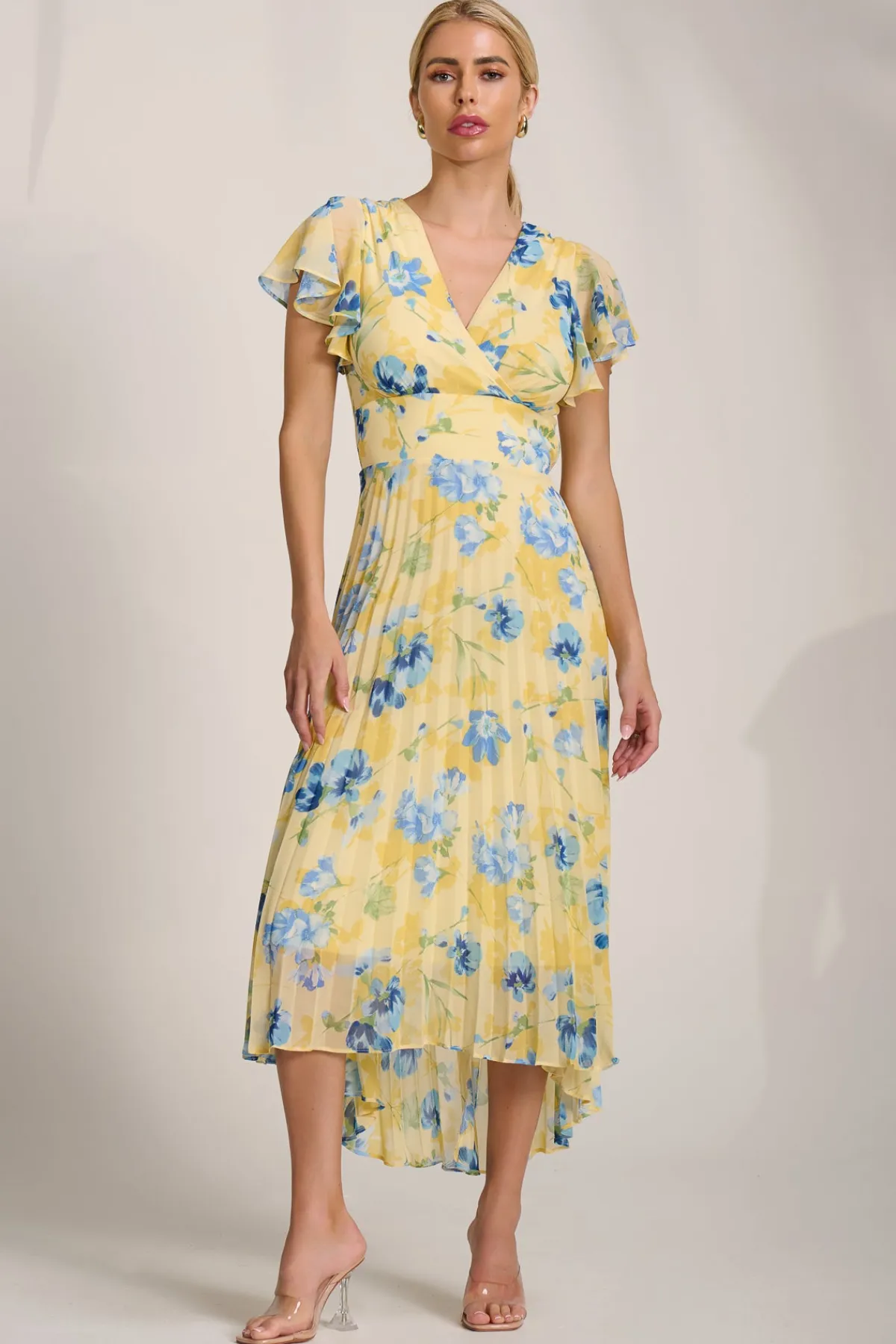 Jolie Moi Weekend Casuals|Maxi Dresses-Cap Sleeve Pleated Chiffon Maxi Dress, Yellow Floral