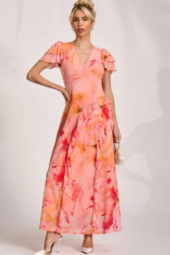Jolie Moi Mesh Dresses|Maxi Dresses-Cap Sleeve Ruffle Mesh Maxi Dress, Orange Abstract
