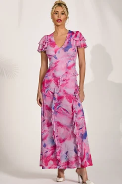 Jolie Moi Mesh Dresses|Maxi Dresses-Cap Sleeve Ruffle Mesh Maxi Dress, Pink Abstract
