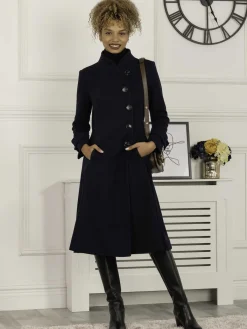 Jolie Moi Coats & Jackets-Caroline Asymmetric Button Coat, Navy