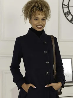 Jolie Moi Coats & Jackets-Caroline Asymmetric Button Coat, Navy