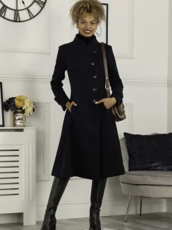 Jolie Moi Coats & Jackets-Caroline Asymmetric Button Coat, Navy
